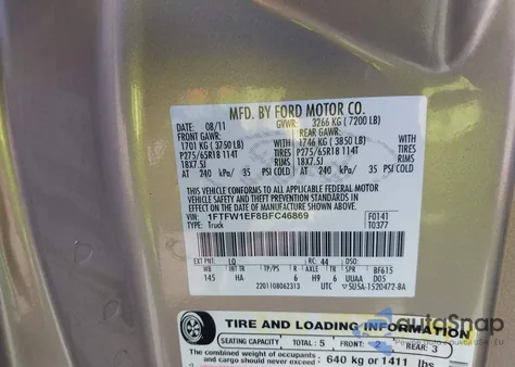 2011 Ford F150 Lariat z USA, uszkodzony, nr VIN 1FTFW1EF8BFC46869